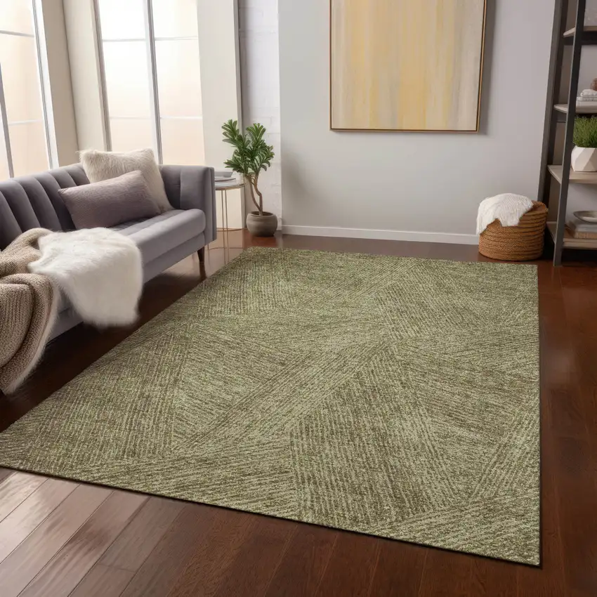 Green Beige And Brown Abstract Washable Indoor Outdoor Area Rug Photo 8