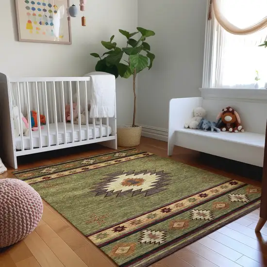 Green Beige And Brown Geometric Washable Area Rug With UV Protection Photo 4