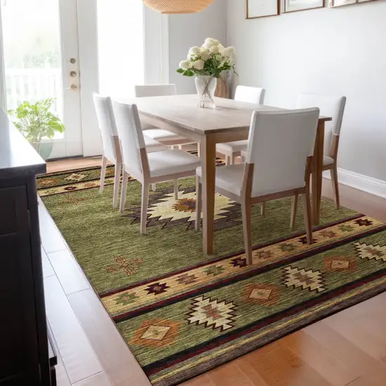 Green Beige And Brown Geometric Washable Area Rug With UV Protection Photo 5