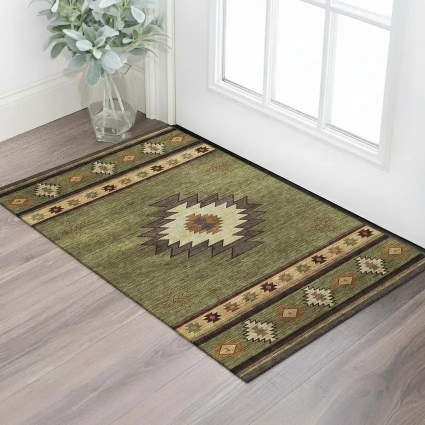 Green Beige And Brown Geometric Washable Area Rug With UV Protection Photo 1