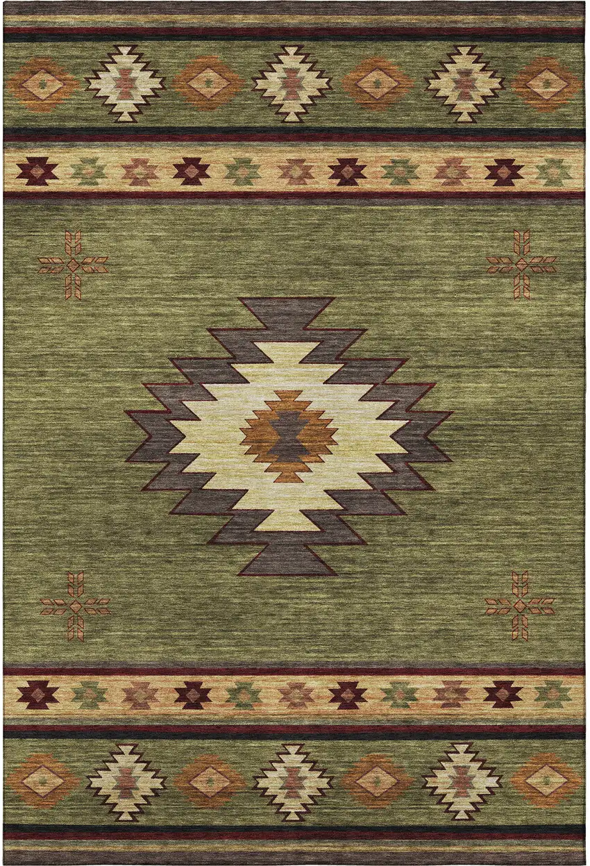 Green Beige And Brown Geometric Washable Area Rug With UV Protection Photo 4