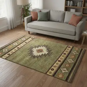 Photo of Green Beige And Brown Geometric Washable Area Rug With UV Protection
