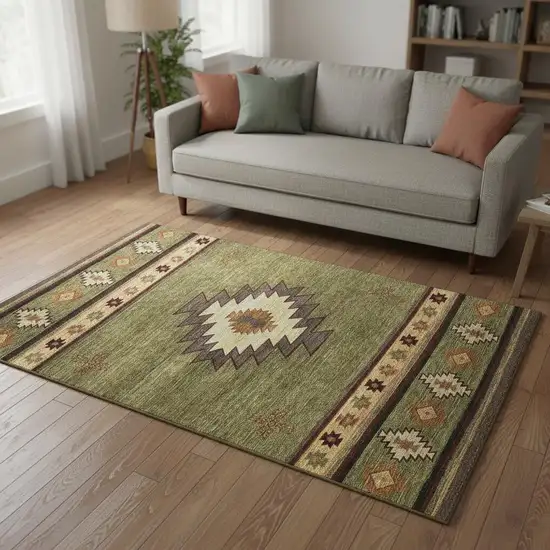 Green Beige And Brown Geometric Washable Area Rug With UV Protection Photo 1