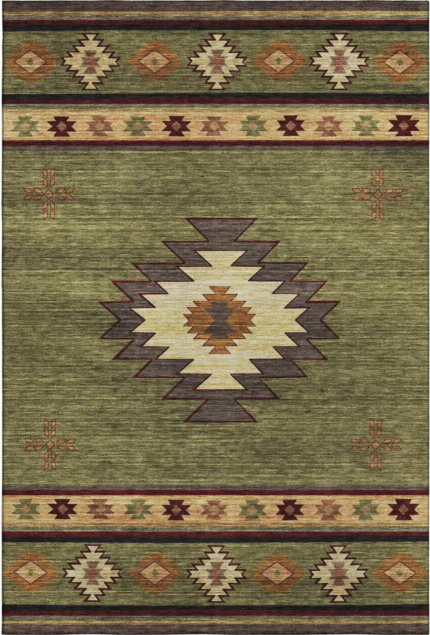 Green Beige And Brown Geometric Washable Area Rug With UV Protection Photo 2