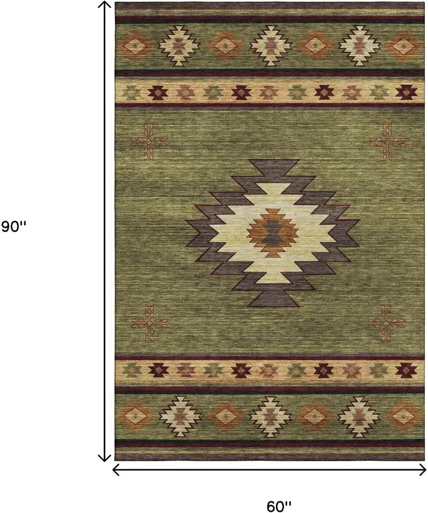 Green Beige And Brown Geometric Washable Area Rug With UV Protection Photo 3