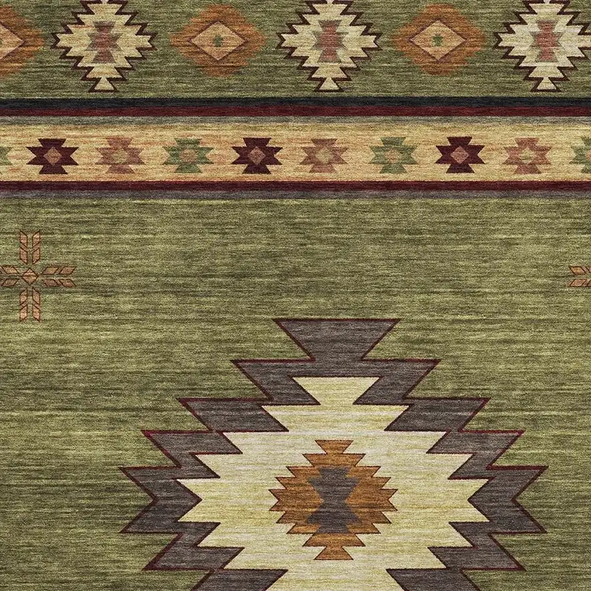 Green Beige And Brown Geometric Washable Area Rug With UV Protection Photo 4