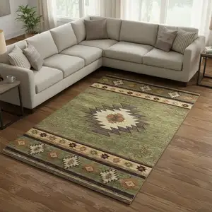 Photo of Green Beige And Brown Geometric Washable Area Rug With UV Protection