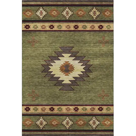 Green Beige And Brown Geometric Washable Area Rug With UV Protection Photo 5