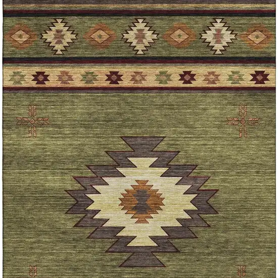 Green Beige And Brown Geometric Washable Area Rug With UV Protection Photo 4
