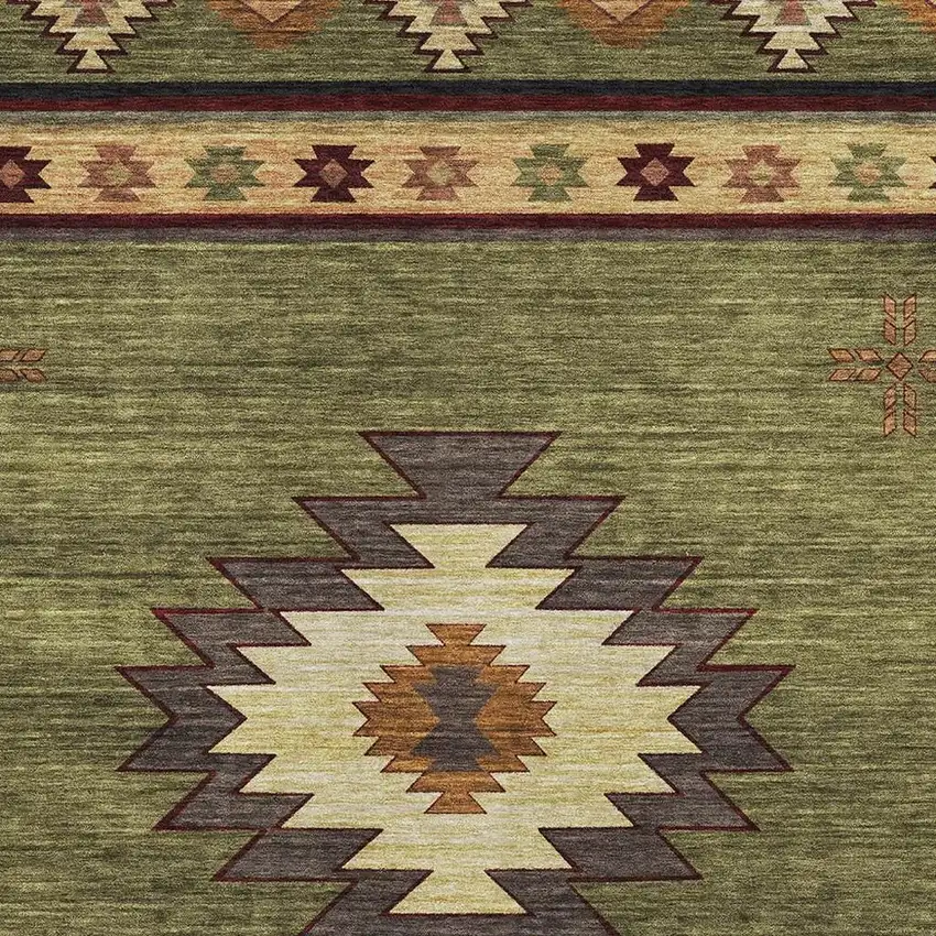 Green Beige And Brown Geometric Washable Area Rug With UV Protection Photo 4