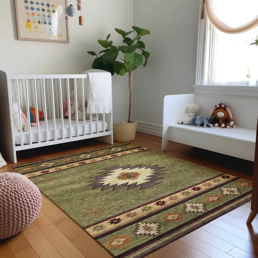 Green Beige And Brown Geometric Washable Area Rug With UV Protection Photo 6