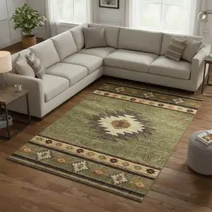 Photo of Green Beige And Brown Geometric Washable Area Rug With UV Protection