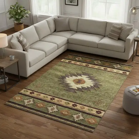 Green Beige And Brown Geometric Washable Area Rug With UV Protection Photo 1