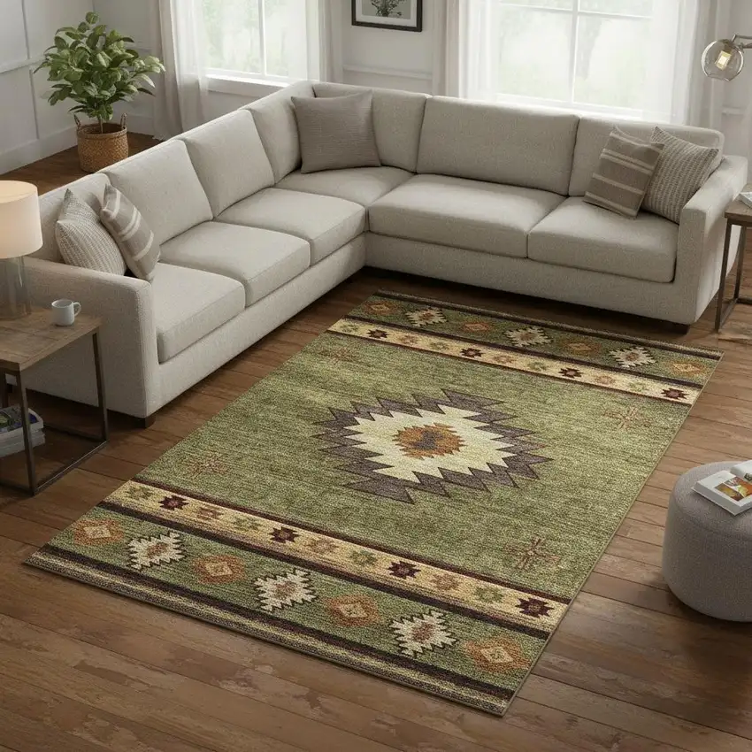 Green Beige And Brown Geometric Washable Area Rug With UV Protection Photo 1