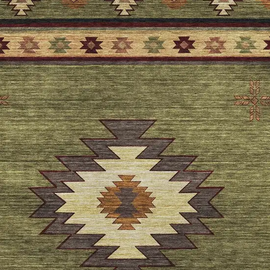 Green Beige And Brown Geometric Washable Area Rug With UV Protection Photo 4