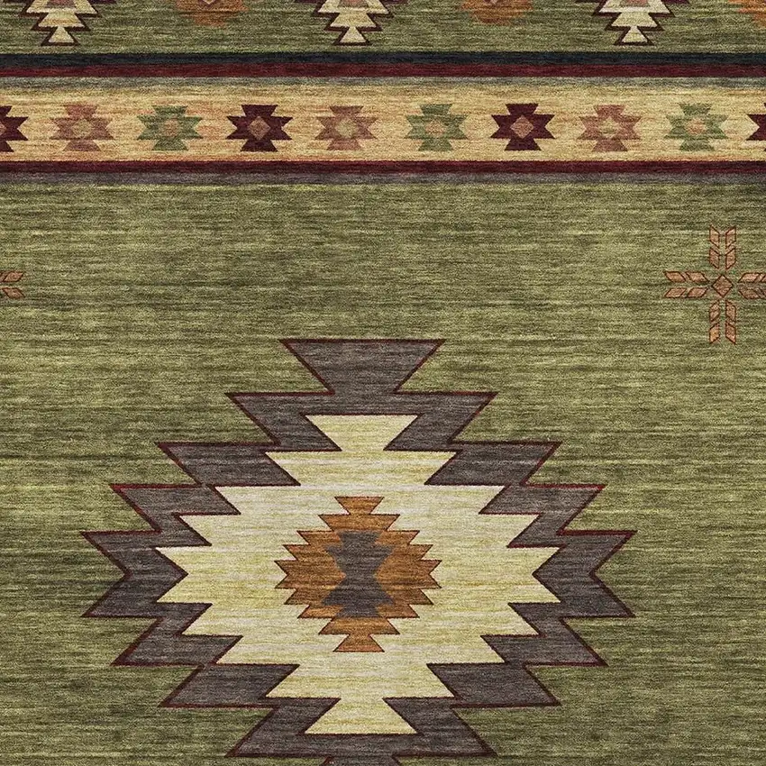 Green Beige And Brown Geometric Washable Area Rug With UV Protection Photo 4