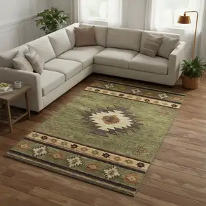 Photo of Green Beige And Brown Geometric Washable Area Rug With UV Protection