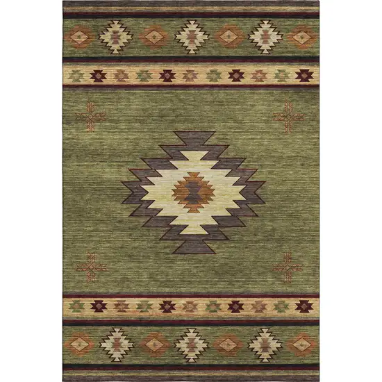 Green Beige And Brown Geometric Washable Area Rug With UV Protection Photo 2