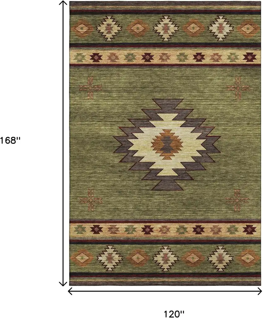 Green Beige And Brown Geometric Washable Area Rug With UV Protection Photo 3