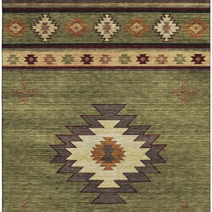 Green Beige And Brown Geometric Washable Area Rug With UV Protection Photo 5