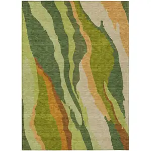 Photo of Green Beige And Copper Abstract Washable Indoor Outdoor Area Rug