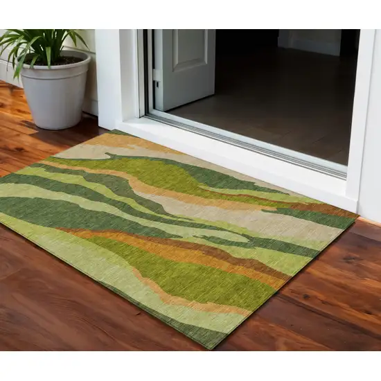 Green Beige And Copper Abstract Washable Indoor Outdoor Area Rug Photo 1