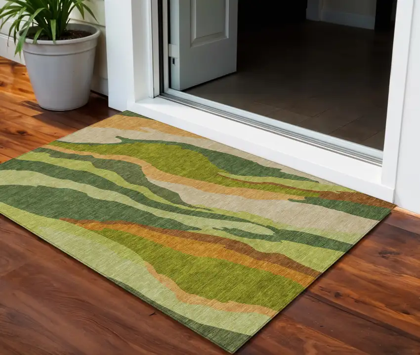 Green Beige And Copper Abstract Washable Indoor Outdoor Area Rug Photo 1