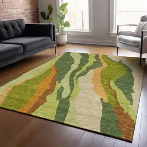 Photo of Green Beige And Copper Abstract Washable Indoor Outdoor Area Rug