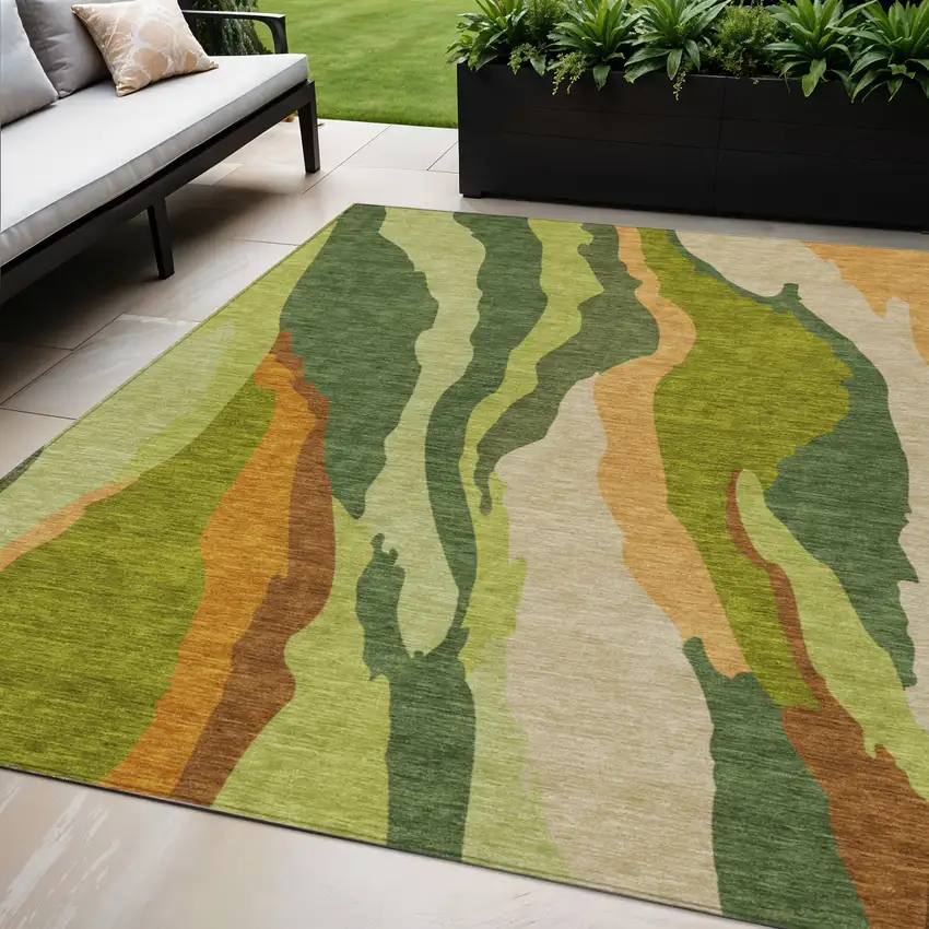 Green Beige And Copper Abstract Washable Indoor Outdoor Area Rug Photo 1