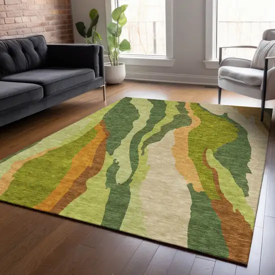 Green Beige And Copper Abstract Washable Indoor Outdoor Area Rug Photo 8