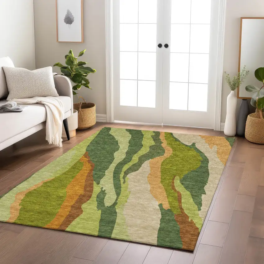 Green Beige And Copper Abstract Washable Indoor Outdoor Area Rug Photo 9
