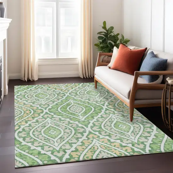 Green Beige And Ivory Floral Washable Indoor Outdoor Area Rug Photo 9