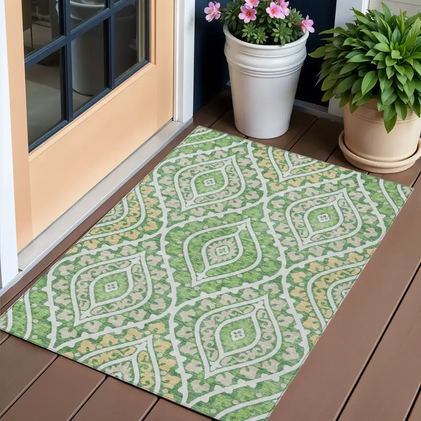 Green Beige And Ivory Floral Washable Indoor Outdoor Area Rug Photo 1