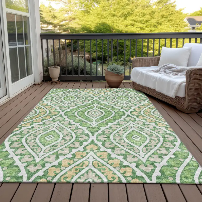 Green Beige And Ivory Floral Washable Indoor Outdoor Area Rug Photo 7