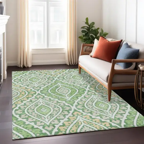 Green Beige And Ivory Floral Washable Indoor Outdoor Area Rug Photo 7