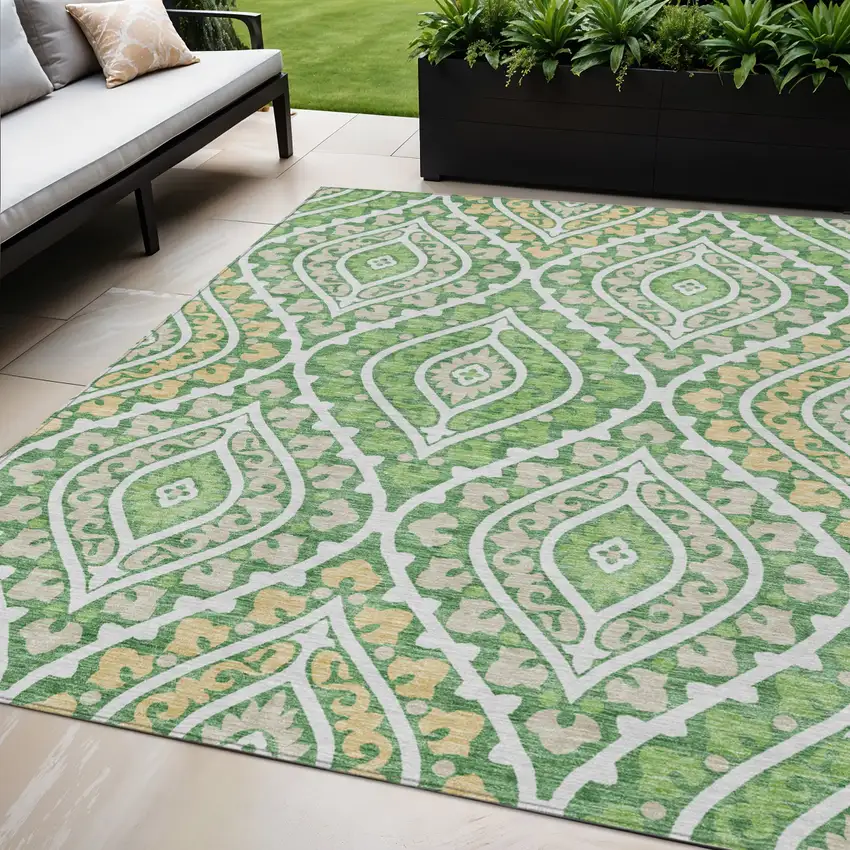 Green Beige And Ivory Floral Washable Indoor Outdoor Area Rug Photo 1