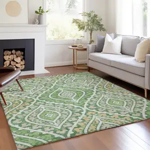 Photo of Green Beige And Ivory Floral Washable Indoor Outdoor Area Rug