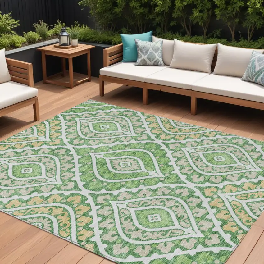 Green Beige And Ivory Floral Washable Indoor Outdoor Area Rug Photo 1