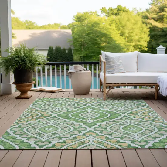 Green Beige And Ivory Floral Washable Indoor Outdoor Area Rug Photo 9