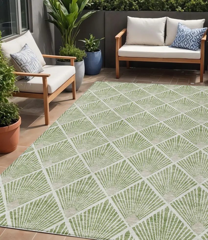 Green Beige And Ivory Geometric Washable Indoor Outdoor Area Rug Photo 1