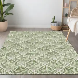 Photo of Green Beige And Ivory Geometric Washable Indoor Outdoor Area Rug