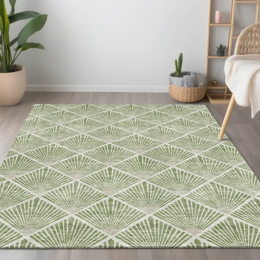 Green Beige And Ivory Geometric Washable Indoor Outdoor Area Rug Photo 9