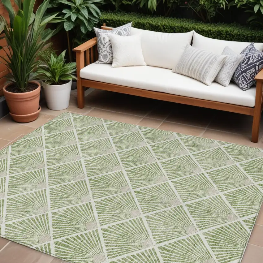 Green Beige And Ivory Geometric Washable Indoor Outdoor Area Rug Photo 1