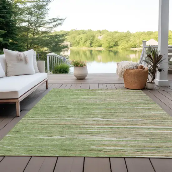 Green Beige And Ivory Striped Washable Indoor Outdoor Area Rug Photo 9