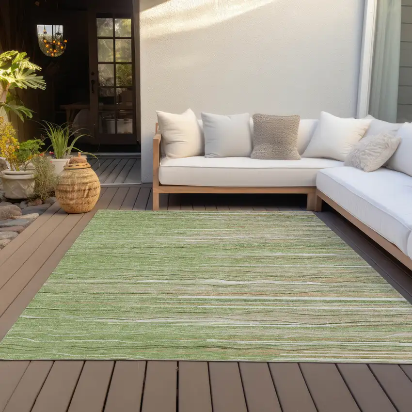 Green Beige And Ivory Striped Washable Indoor Outdoor Area Rug Photo 7