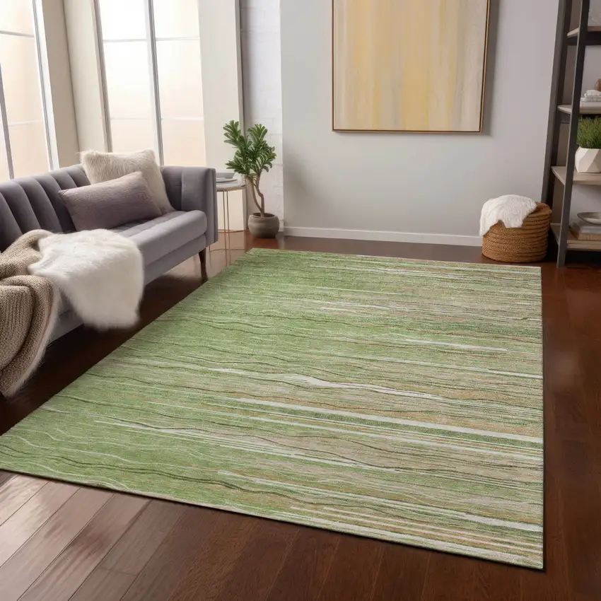 Green Beige And Ivory Striped Washable Indoor Outdoor Area Rug Photo 8