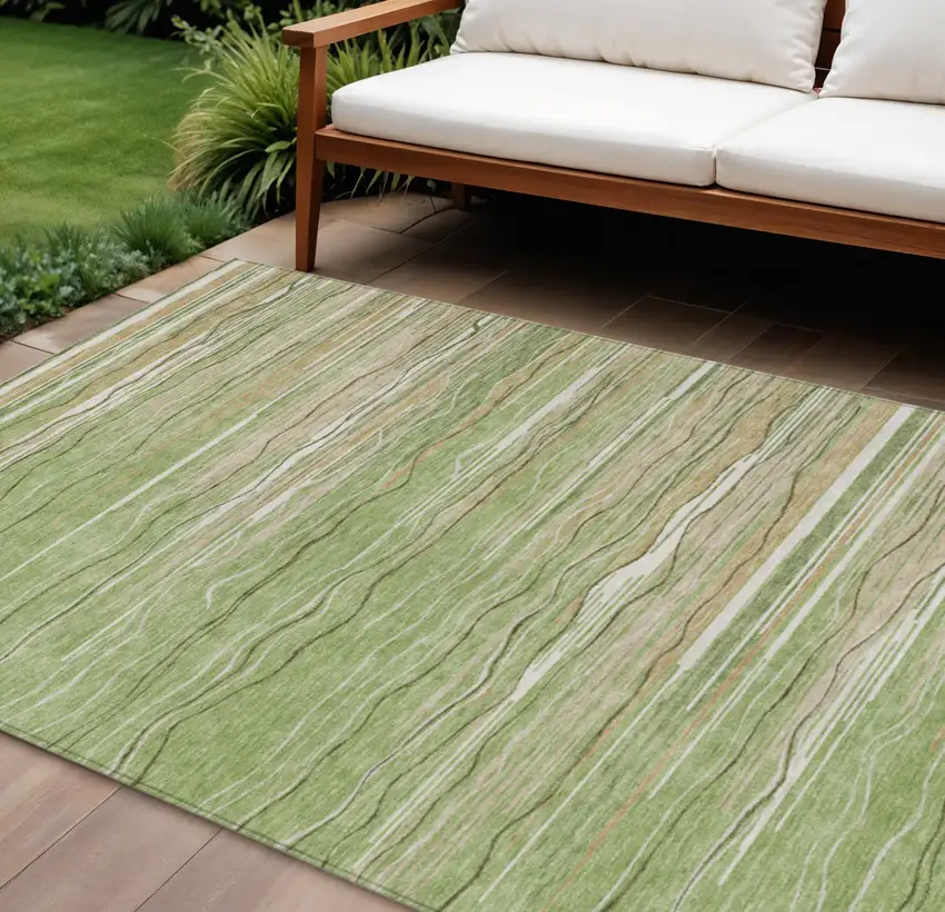 Green Beige And Ivory Striped Washable Indoor Outdoor Area Rug Photo 1