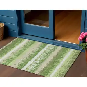 Photo of Green Beige And Ivory Striped Washable Indoor Outdoor Area Rug