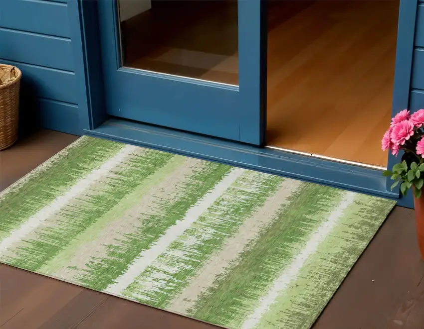Green Beige And Ivory Striped Washable Indoor Outdoor Area Rug Photo 1