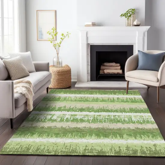 Green Beige And Ivory Striped Washable Indoor Outdoor Area Rug Photo 8